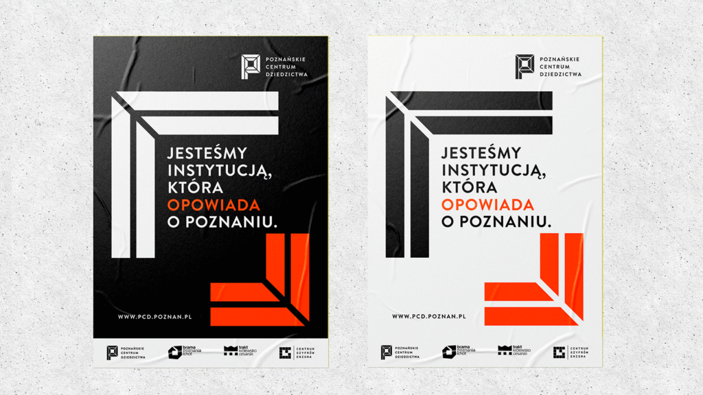 Branding dla Poznańskiego Centrum Dziedzictwa – wizualizacja na plakacie z hasłem głównym.