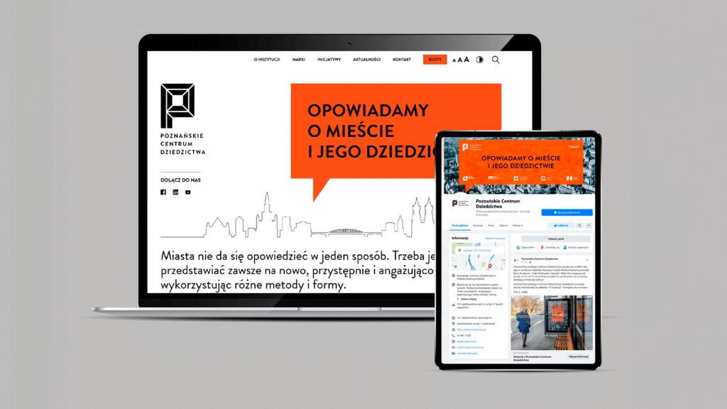 Branding dla Poznańskiego Centrum Dziedzictwa – wizualizacja strony internetowej na komputerze i tablecie.