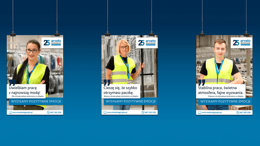 Trzy kreacje reklamowe z kampanii rekrutacyjnej. Wysyłamy pozytywne emocje.