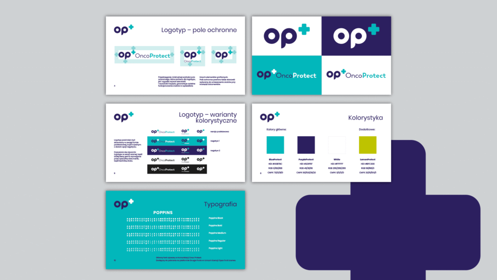 Księga znaku Onco Protect – prezentacja logotypu, typografii i kolorystyki identyfikacji wizualnej.
