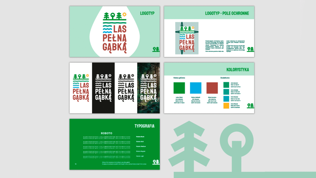 Zestaw elementów identyfikacji wizualnej kampanii ekologicznej – logotypy, kolory i grafiki. Księga znaku.