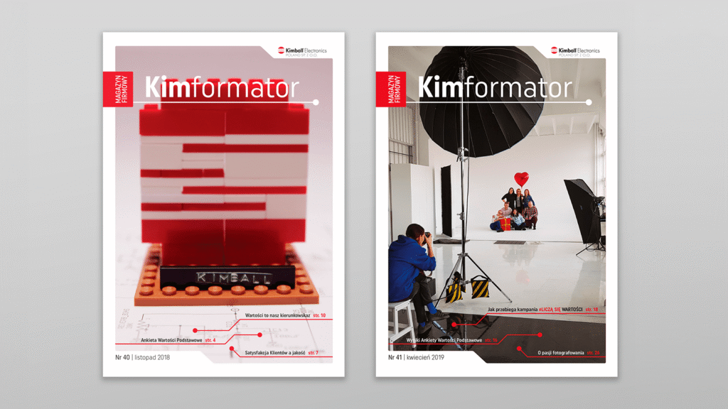 Podwójna grafika z różnymi okładkami magazynu Kimformator – jedna w czerwonej tonacji, druga z osobami w studiu fotograficznym.