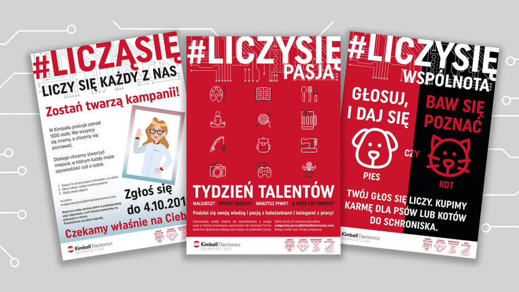 Plakaty kampanii #LiczySię w Kimball Electronics – pasja, wspólnota, bezpieczeństwo i aktywny udział pracowników.